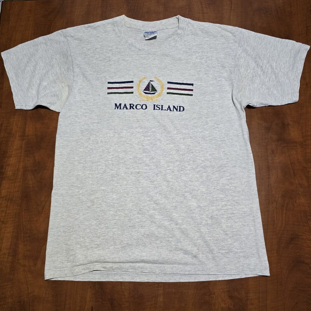 Gildan Vintage 90s Marco Island Embroidered Stitch Preshrunk Crew Neck Tee L